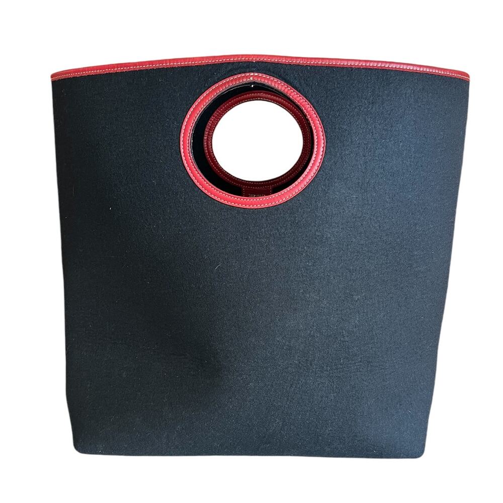 Kate Spade Large Felted Wool Tote Bag Black Red Leather Trim